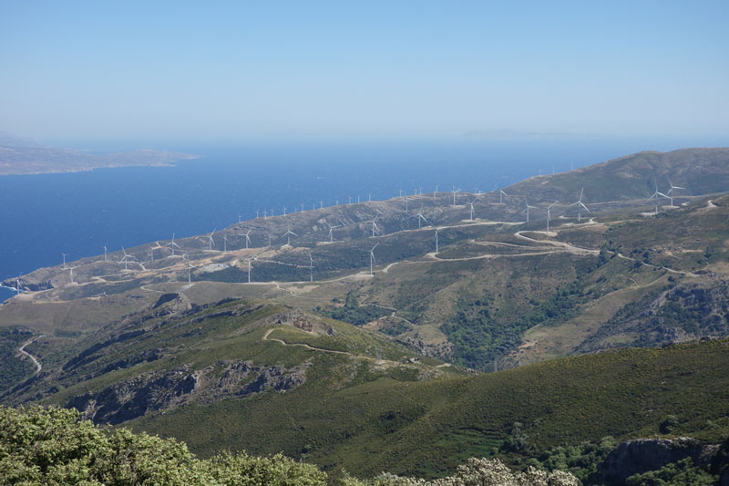 hillsides full with wind-turbines